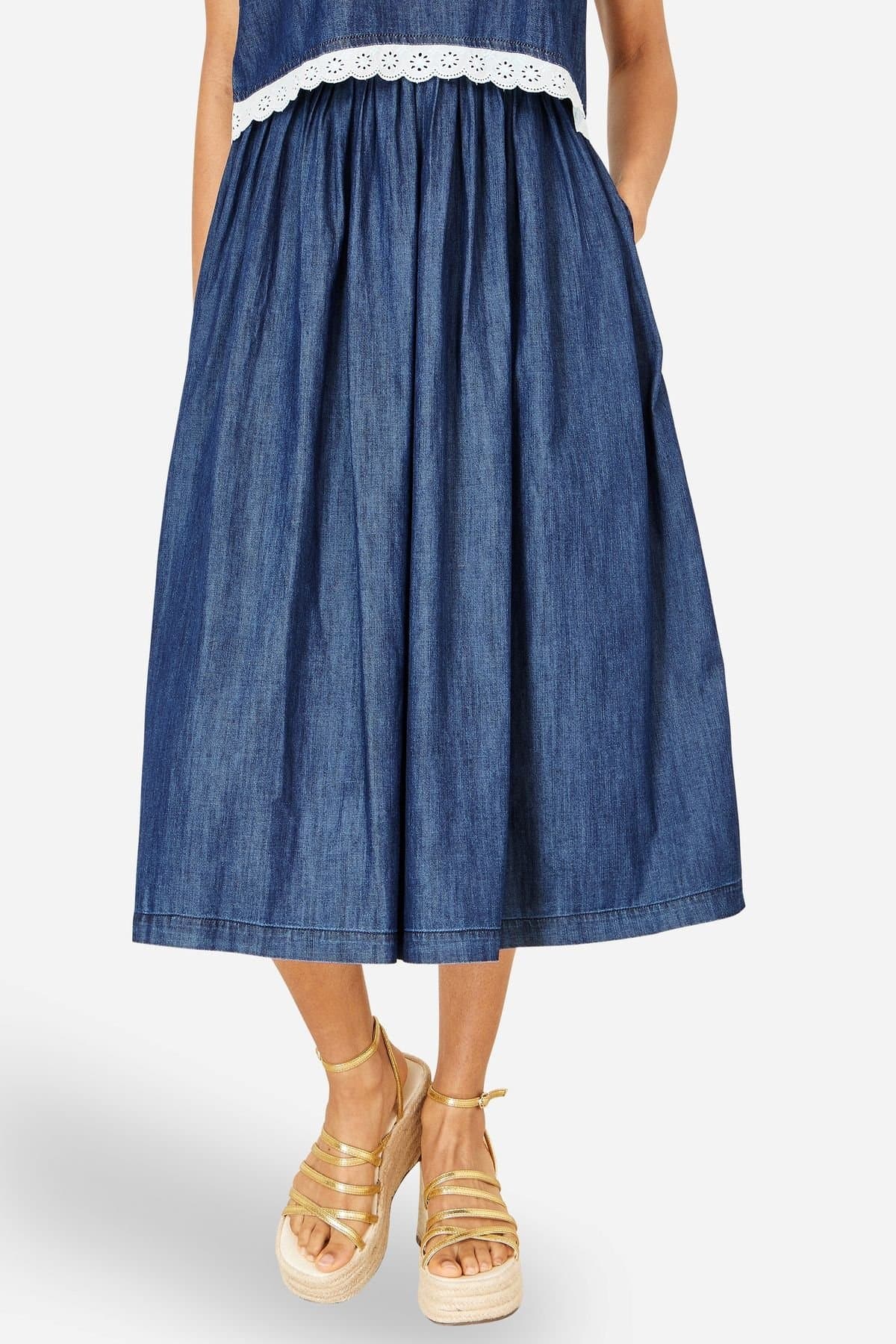Yumi Yumi Women's Blue Denim Chambray Gathered Midi Skirt in Mid Blue
