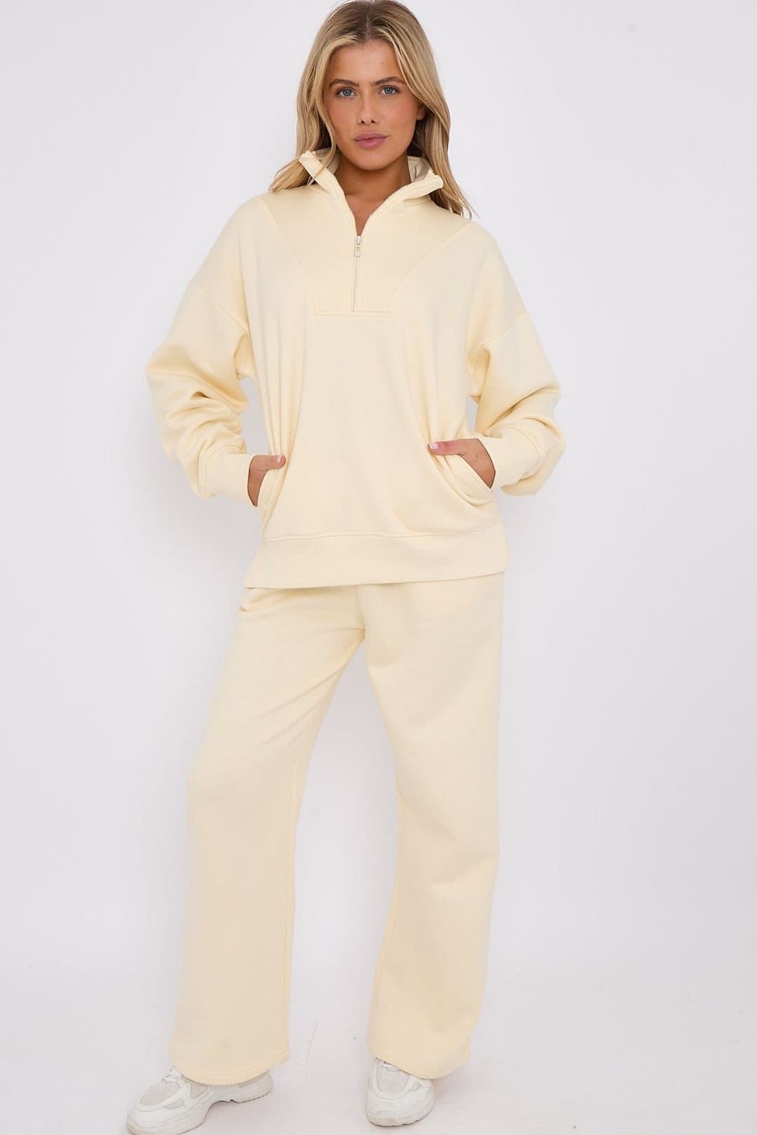 STYLEWISE STYLEWISE Women's Fleece Half Zip Top - Wide Leg Jogger - Co-ord Set in Cream
