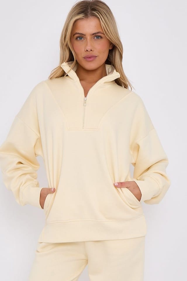 STYLEWISE STYLEWISE Women's Fleece Half Zip Top - Wide Leg Jogger - Co-ord Set in Cream - 2