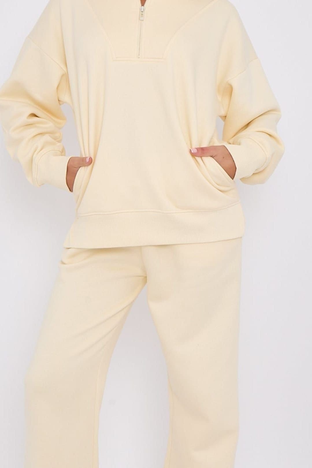 STYLEWISE STYLEWISE Women's Fleece Half Zip Top - Wide Leg Jogger - Co-ord Set in Cream - 4