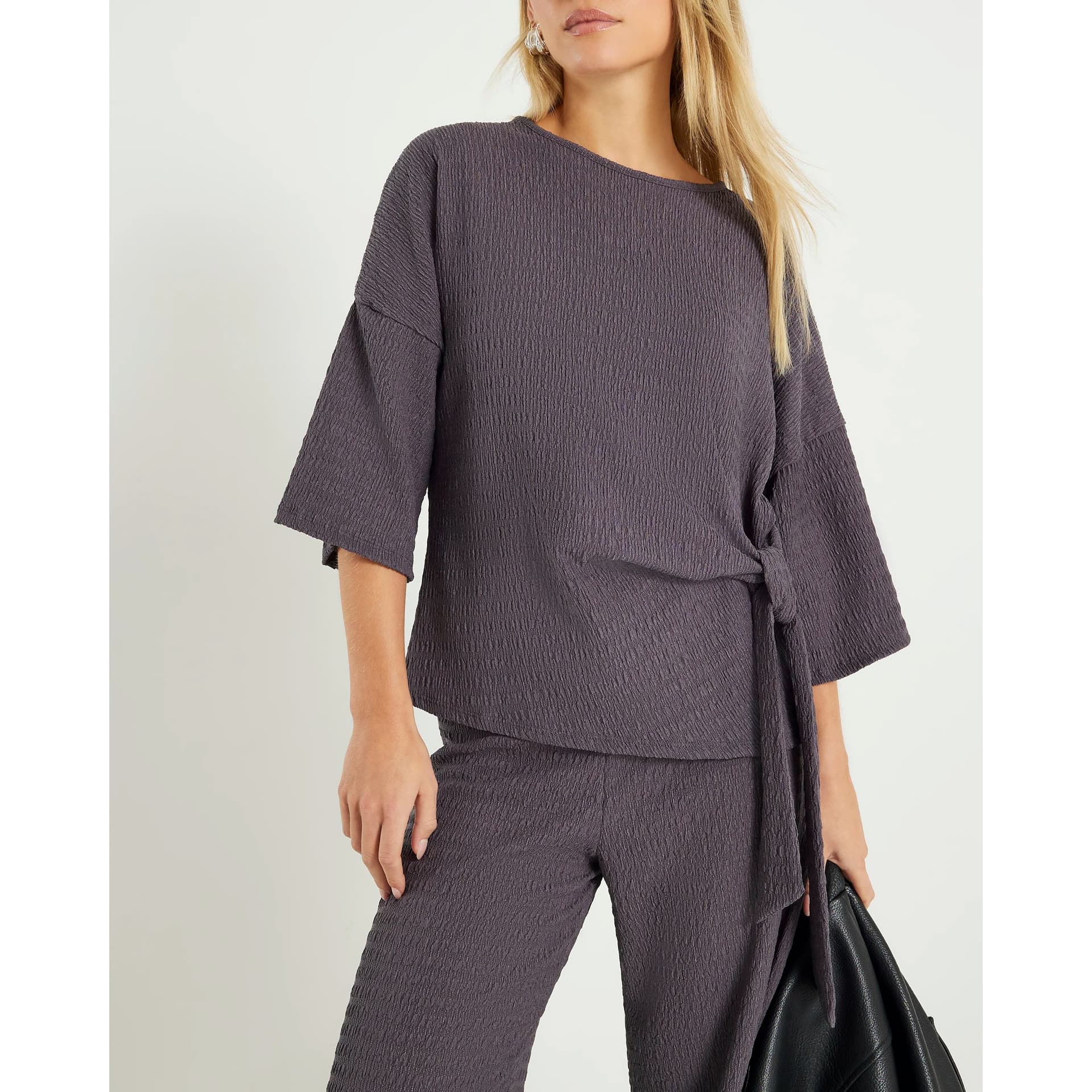 River Island River Island Womens Petite Grey Short Sleeve Textured Tie T-Shirt