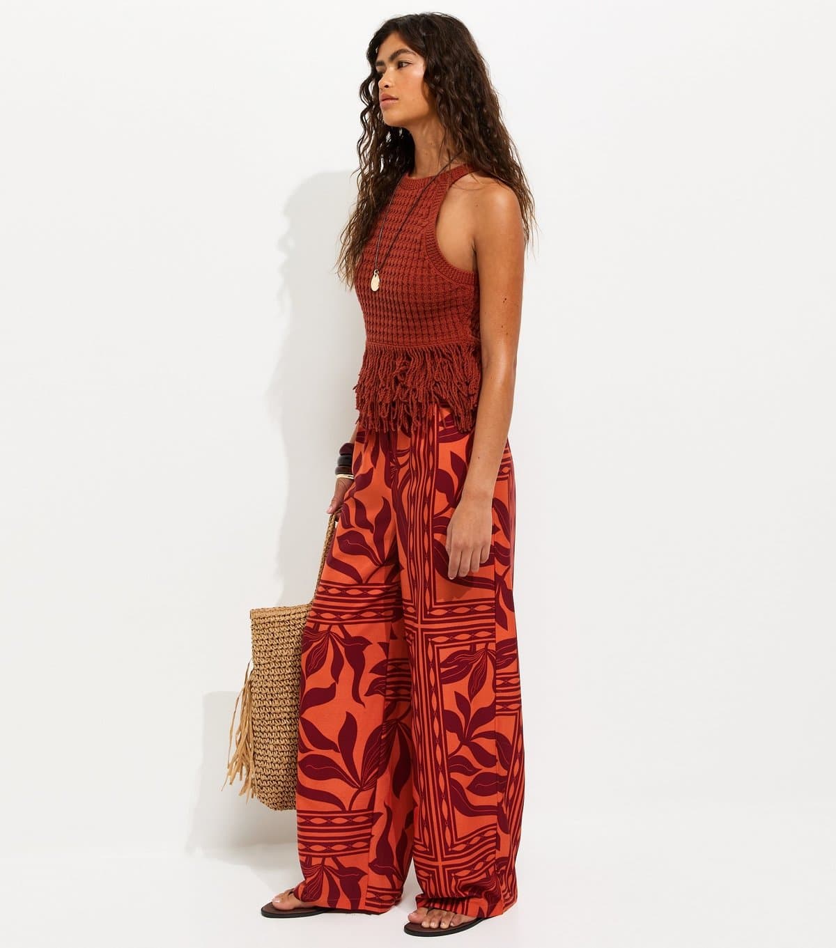 New Look Women's Red Crepe Leaf Pattern Wide Leg Trousers New Look