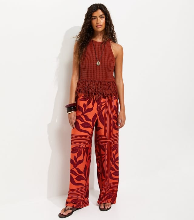 New Look Women's Red Crepe Leaf Pattern Wide Leg Trousers New Look - 3