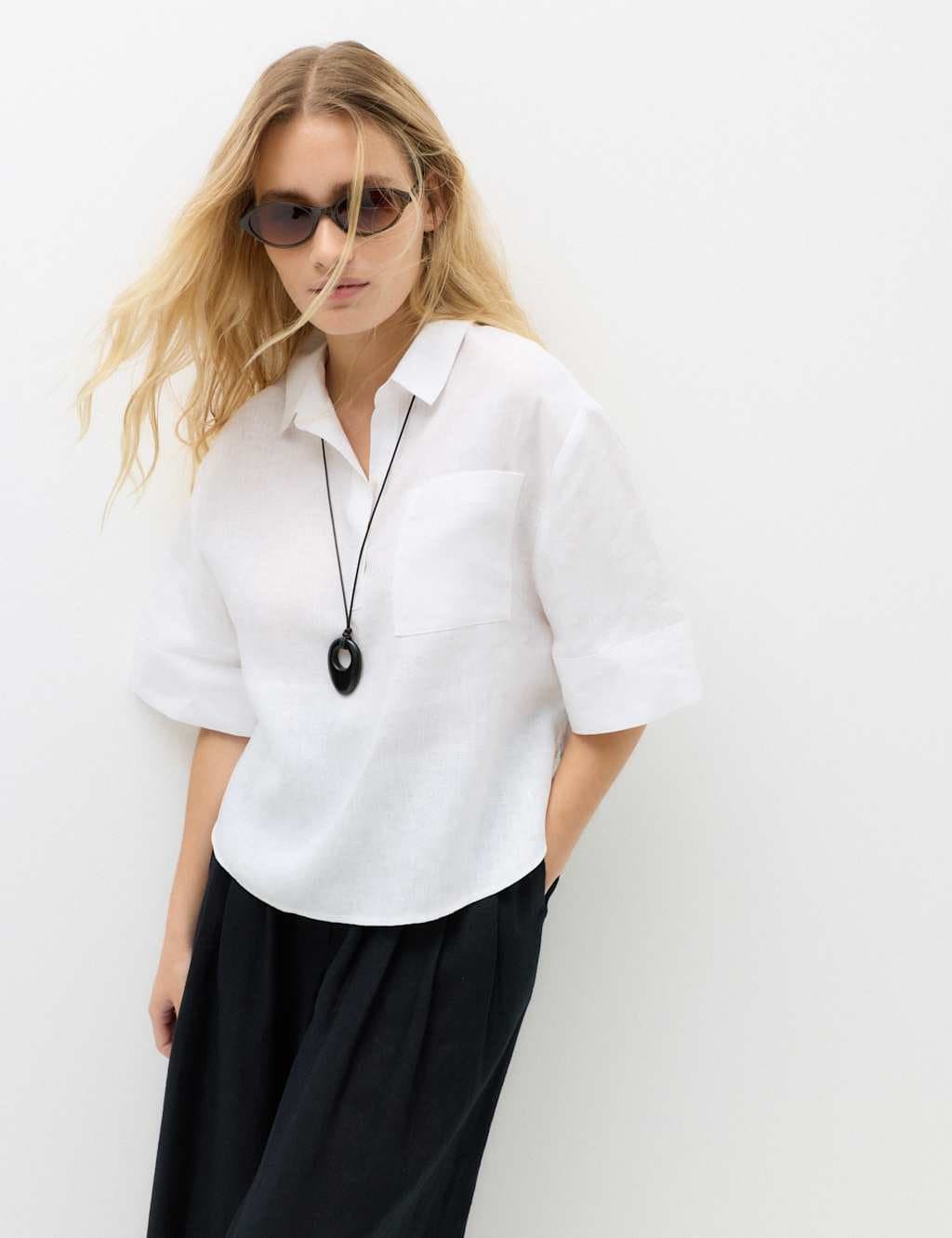 Marks & Spencer M&S Pure Linen V-Neck Relaxed Top White