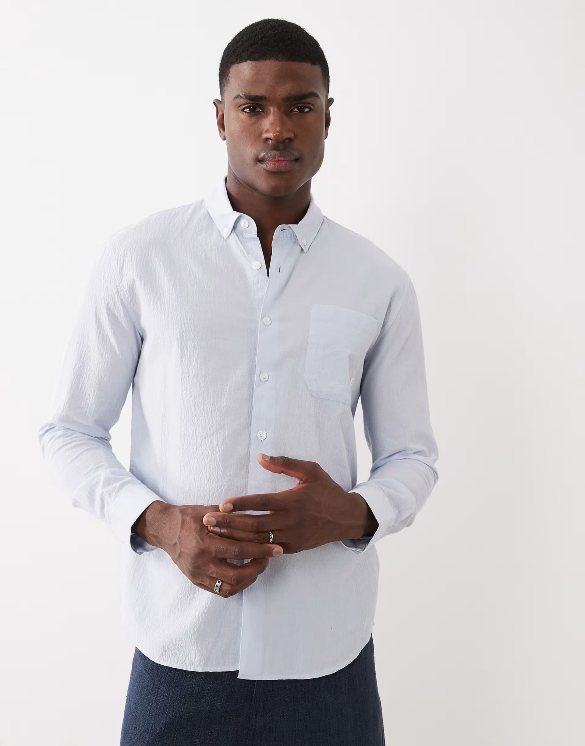 ASOS Farah Stanford long sleeve lightweight logo shirt in light blue