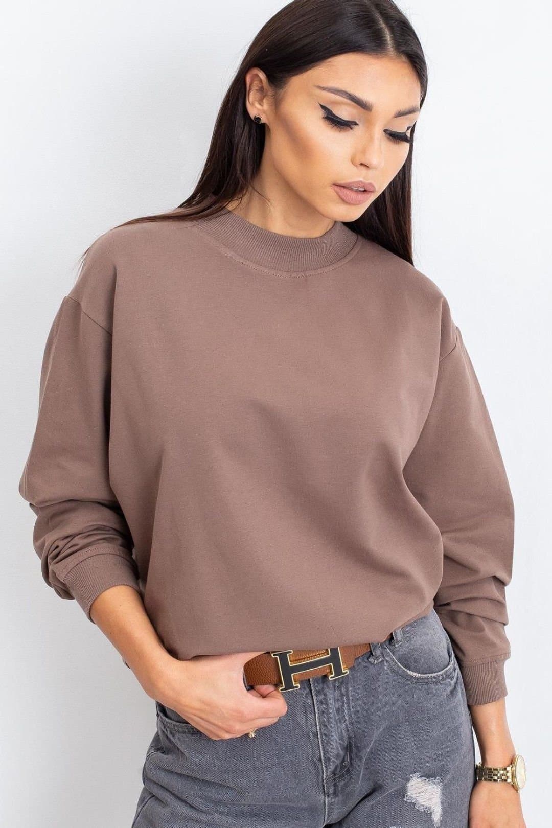 Love Lace Love Lace Women's Cotton Long Sleeve Stand Collar Sweatshirt Style 169761 in Brown
