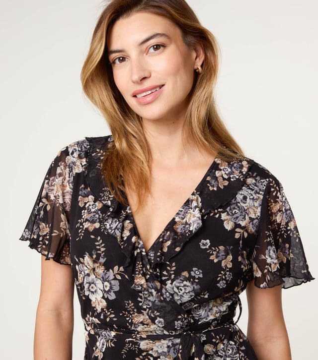 Blue Vanilla Women's Black Floral Frilly Trimmed Wrap Dress Blue Vanilla New Look - 3