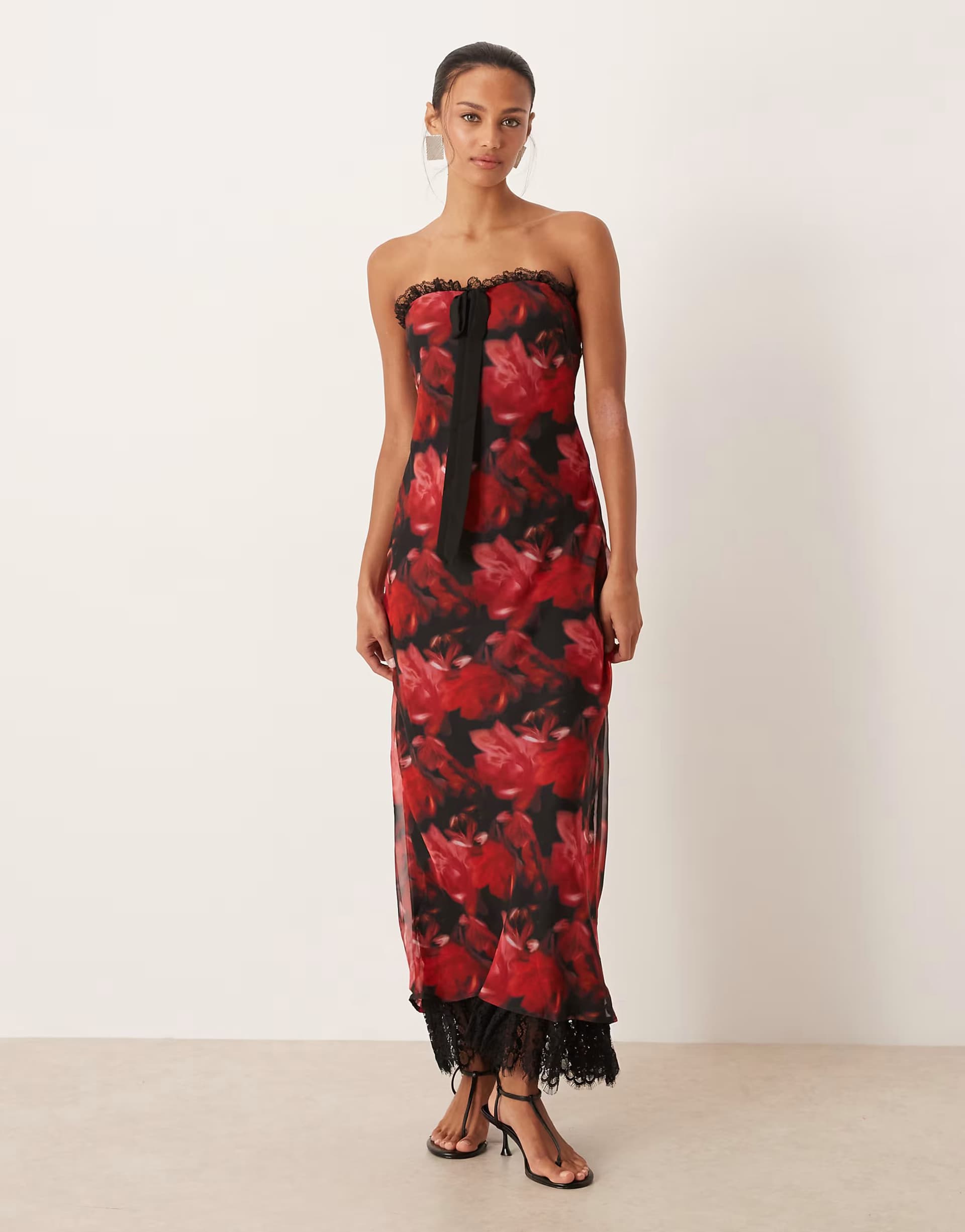 ASOS For Love & Lemons chiffon bandeau open back maxi dress in red floral print