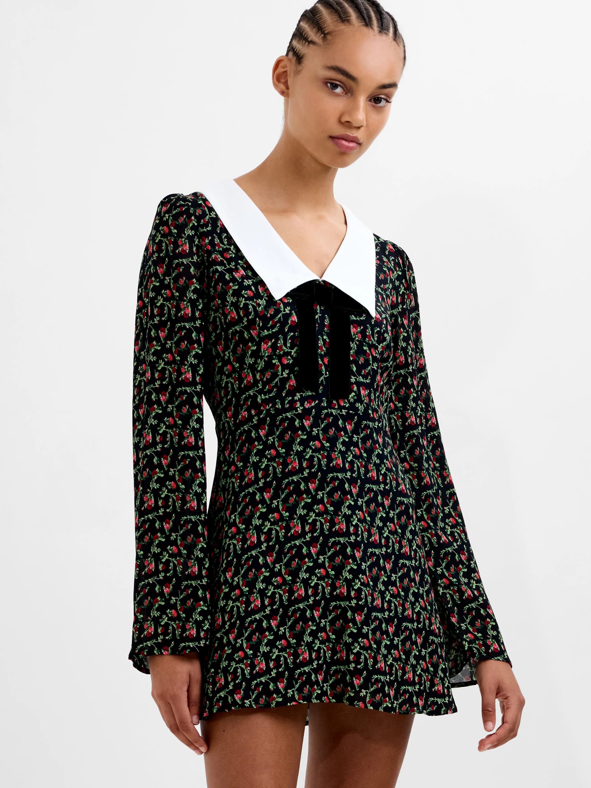 French Connection Yasmin Crepe Collar Long Sleeve Mini Dress Black Julia Ditsy Bloom Florals
