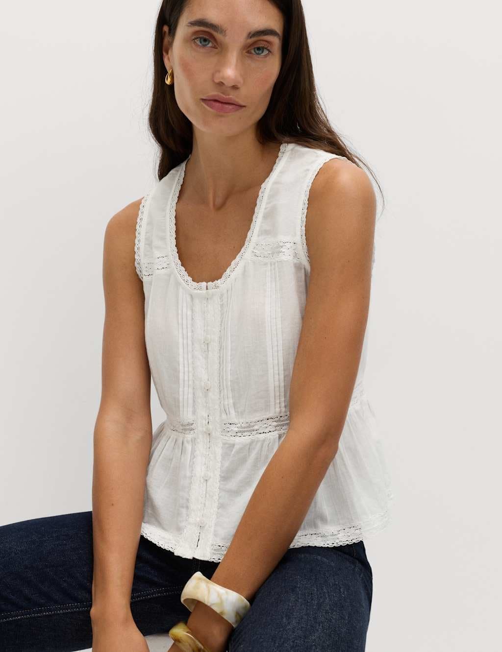 Marks & Spencer M&S Pure Cotton Lace Insert Peplum Top Soft White
