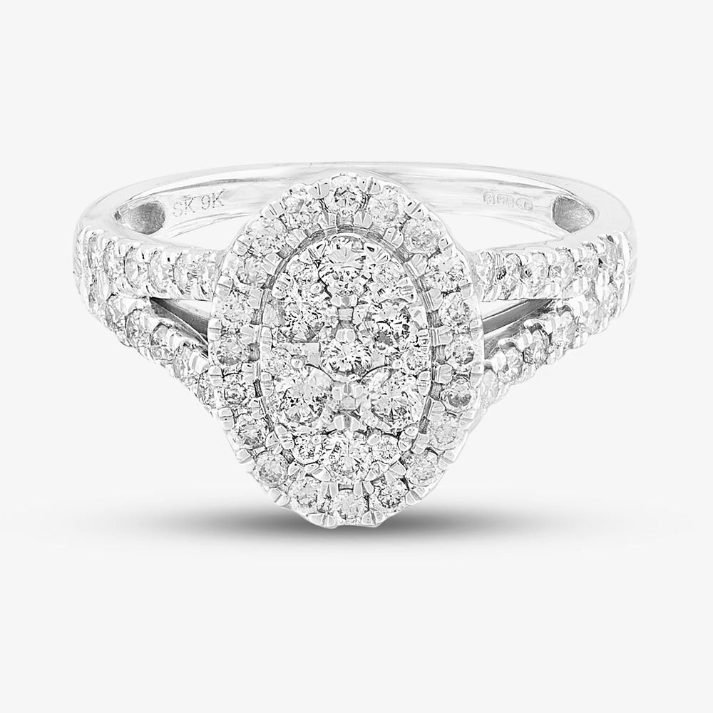 T.H.Baker T.H.Baker Women's 9ct White Gold 1.00ct Diamond Split Shouldered Oval Cluster Ring in Silver - 2