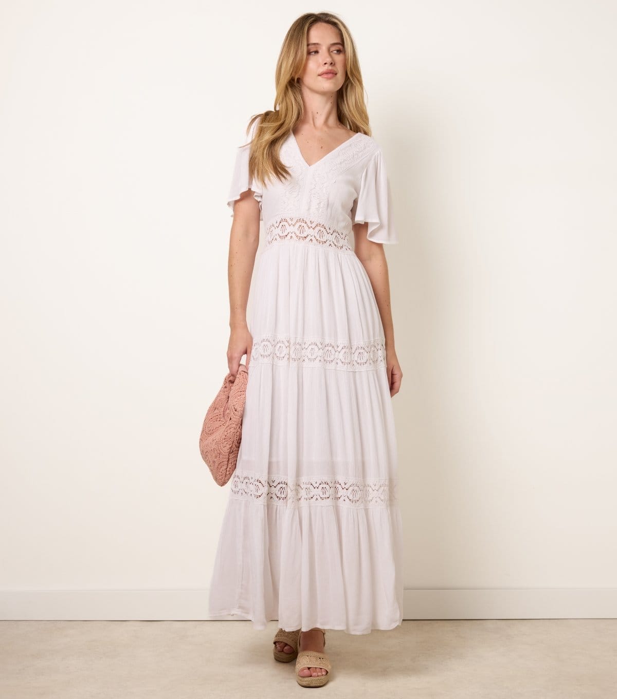 Blue Vanilla Off White V-Neck Crochet Trim Midi Dress