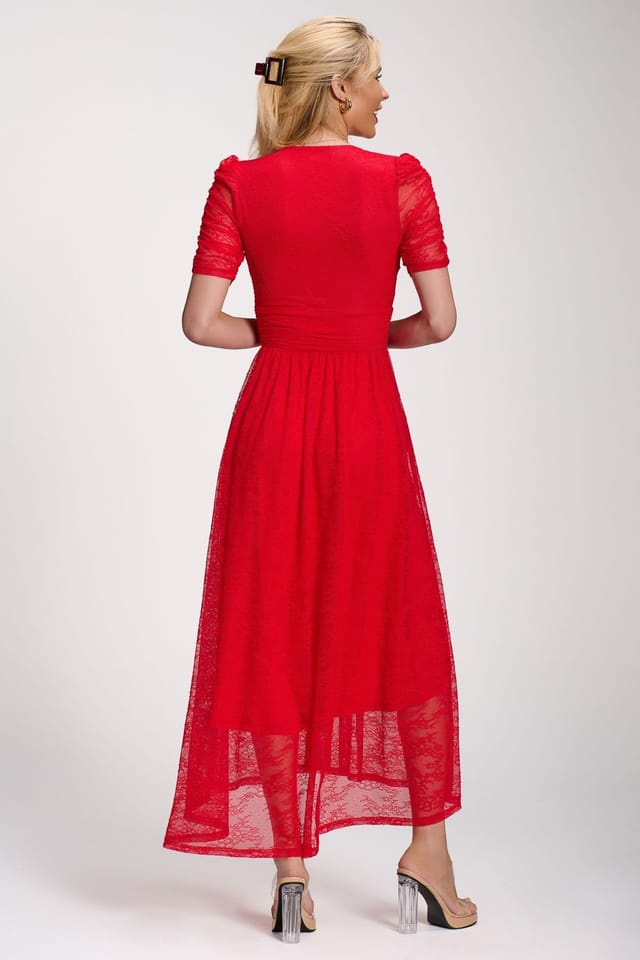 Jolie Moi Jolie Moi Women's Lace Ruched Sleeve Dip Hem Maxi Dress in Red - 2
