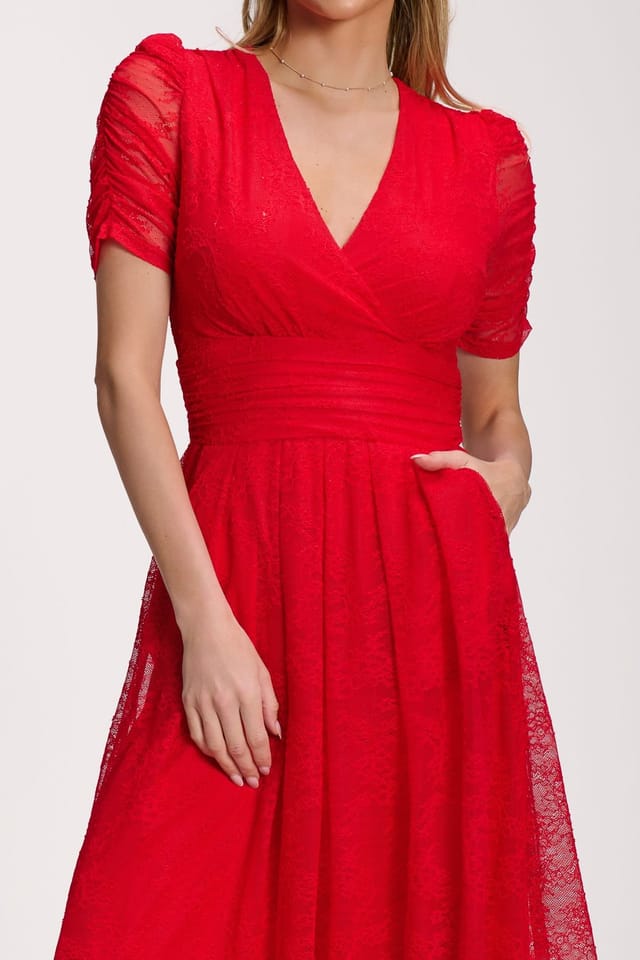 Jolie Moi Jolie Moi Women's Lace Ruched Sleeve Dip Hem Maxi Dress in Red - 3