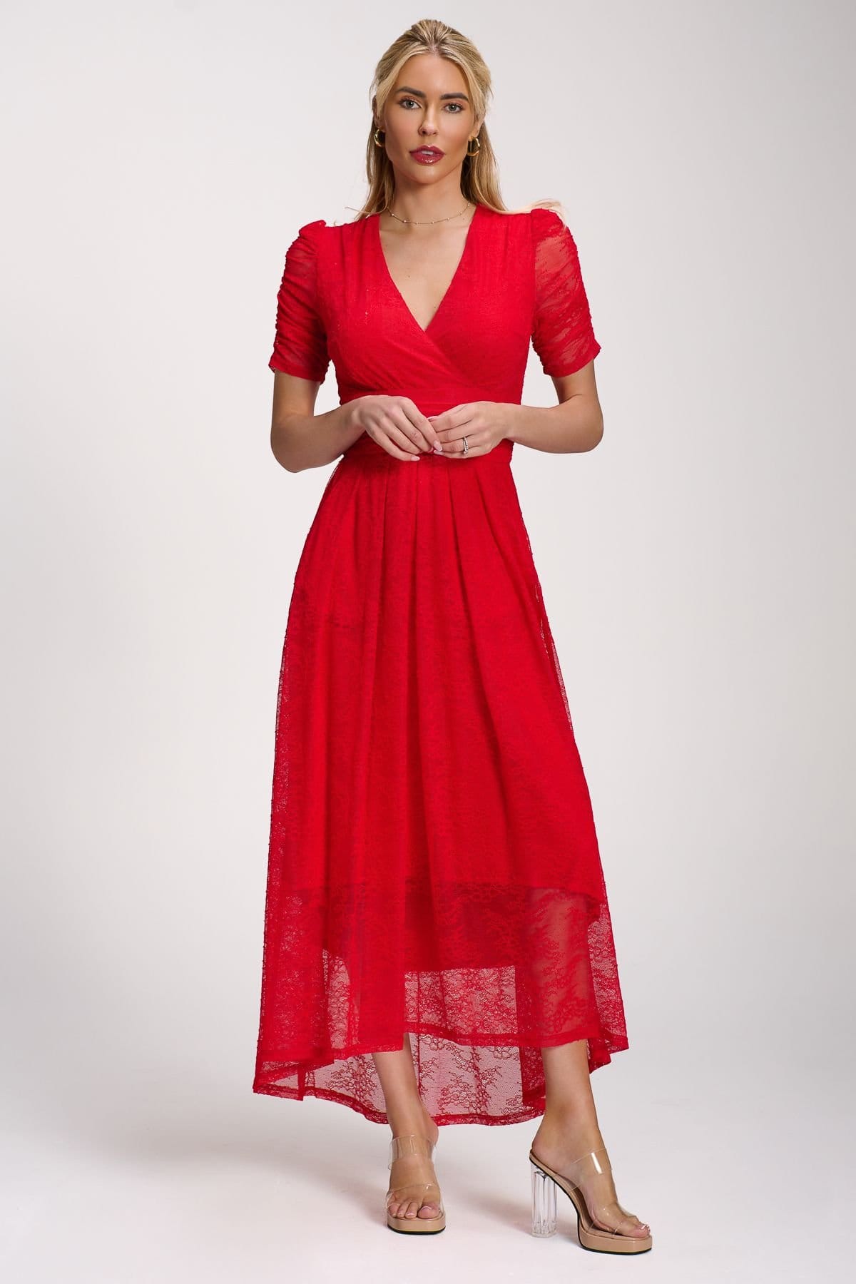 Jolie Moi Jolie Moi Women's Lace Ruched Sleeve Dip Hem Maxi Dress in Red - 4