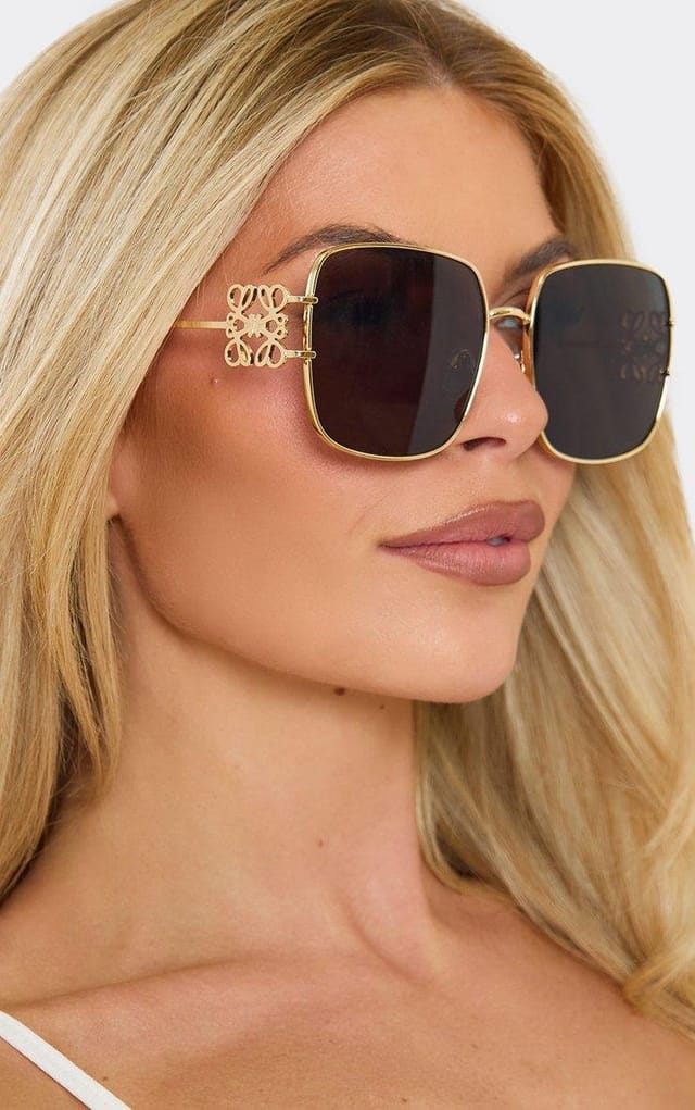 EGO Side Swirl Detail Black Tinted Lense Oversized Square Shaped Sunglasses In Gold, Women's Size UK 0 - 2