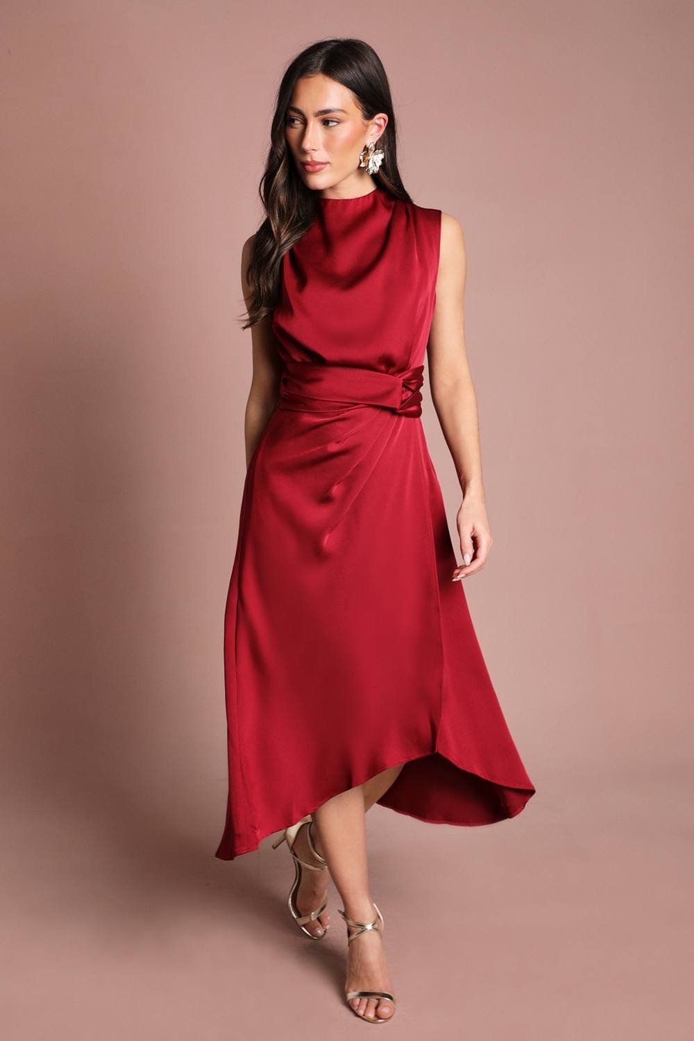 Coast Coast Women's Satin Midi Dress With Twist Waist in Raspberry - 2