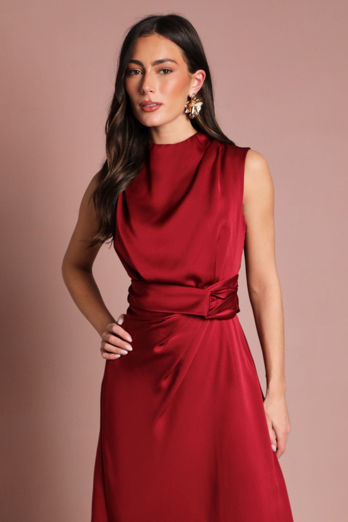 Coast Coast Women's Satin Midi Dress With Twist Waist in Raspberry - 4
