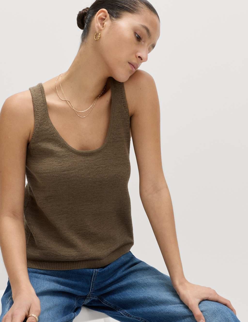 Marks & Spencer M&S Olive Cotton Blend Textured Scoop Neck Vest