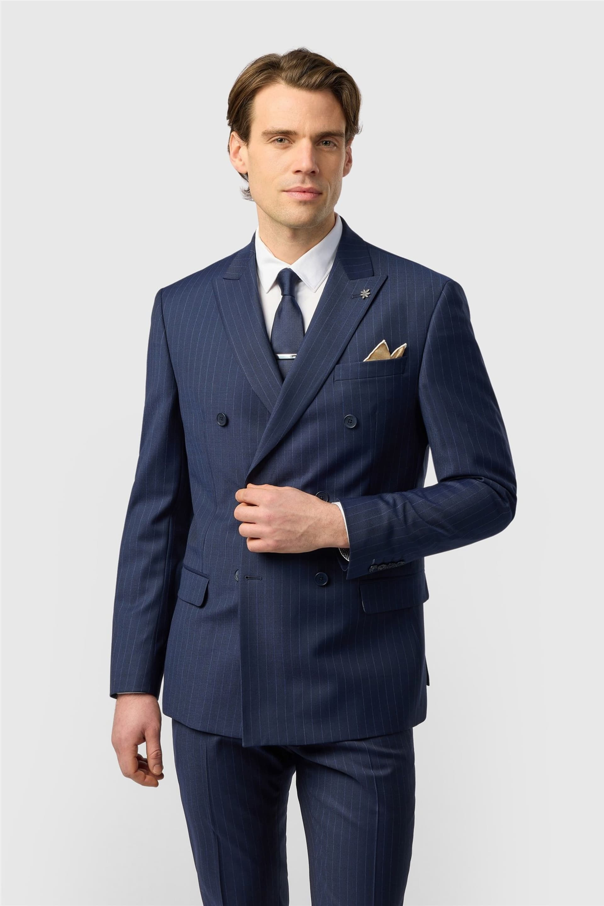 Ted Baker Ted Baker Men's Double Breasted Six Button Striped Slim Fit Suit Jacket in Navy
