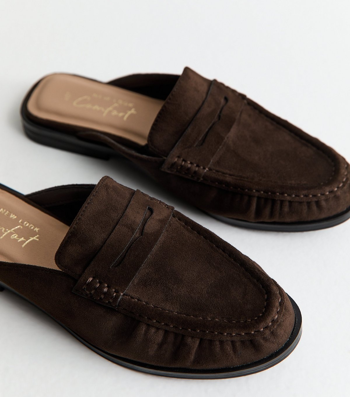 New Look Women's Mid Brown Faux Suede Open Back Mule Loafers Vegan New Look - 3