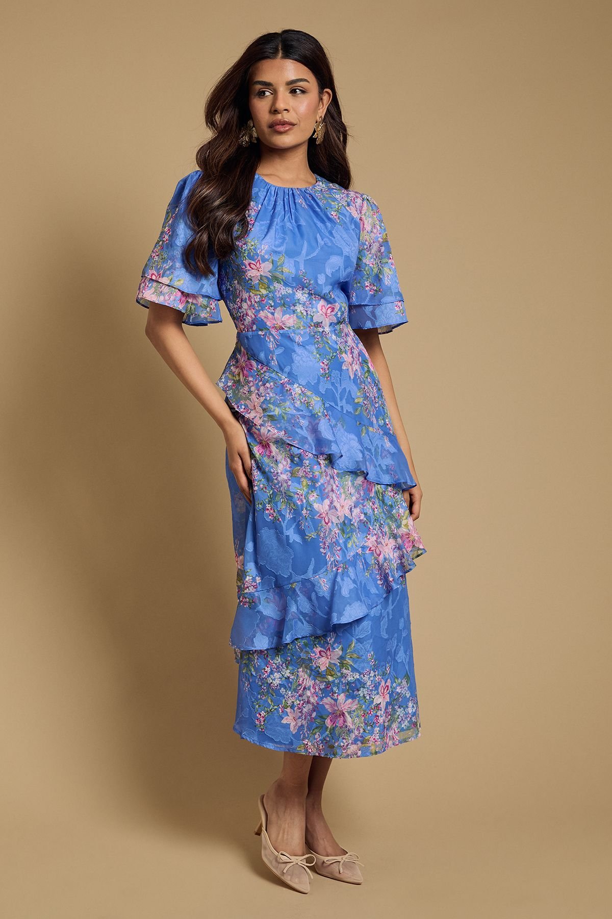 Oasis Oasis Women's Petite Double Frill Satin Burnout Midi Dress in Navy - 1