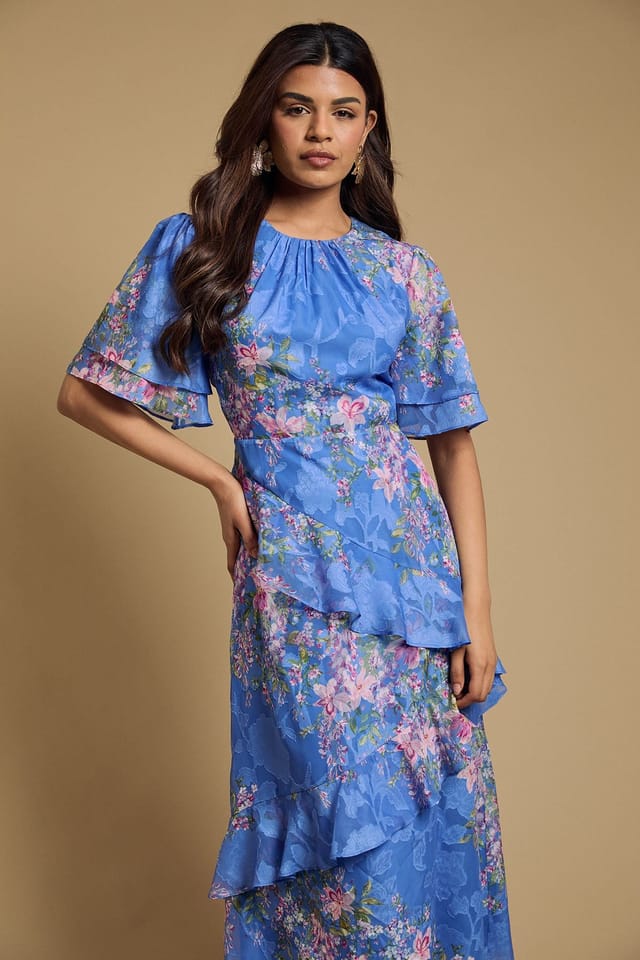 Oasis Oasis Women's Petite Double Frill Satin Burnout Midi Dress in Navy - 2