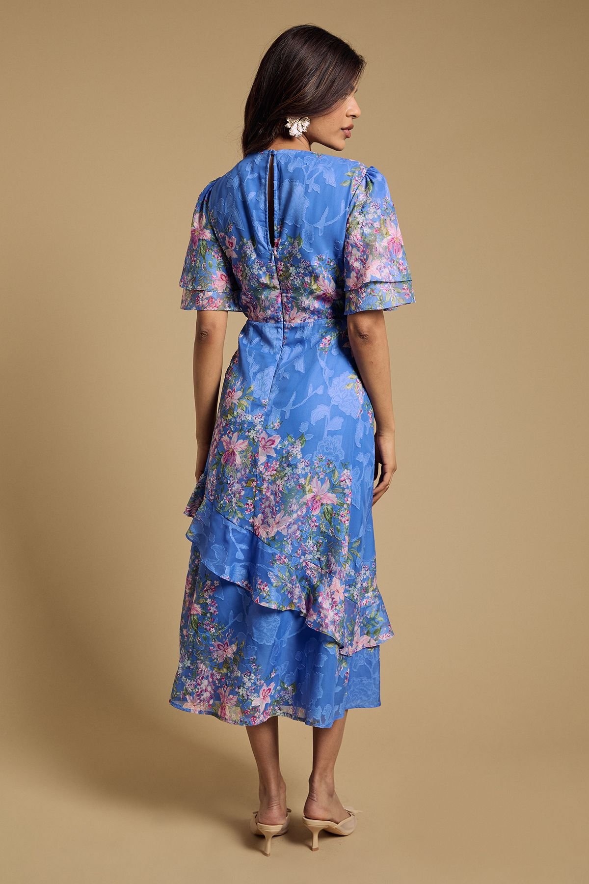 Oasis Oasis Women's Petite Double Frill Satin Burnout Midi Dress in Navy - 3