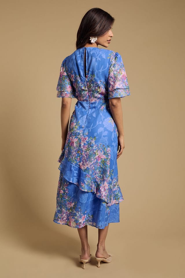 Oasis Oasis Women's Petite Double Frill Satin Burnout Midi Dress in Navy - 3