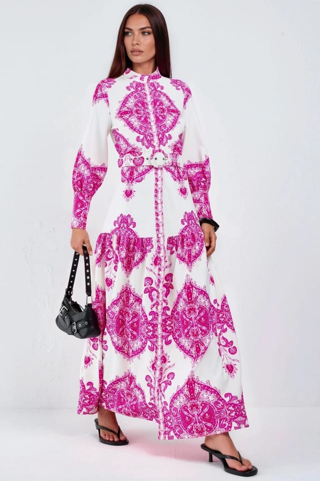 MSN Collection MSN Collection Women's Paisley Print Belted Maxi Dress with Shirt Collar in Fuchsia - 2