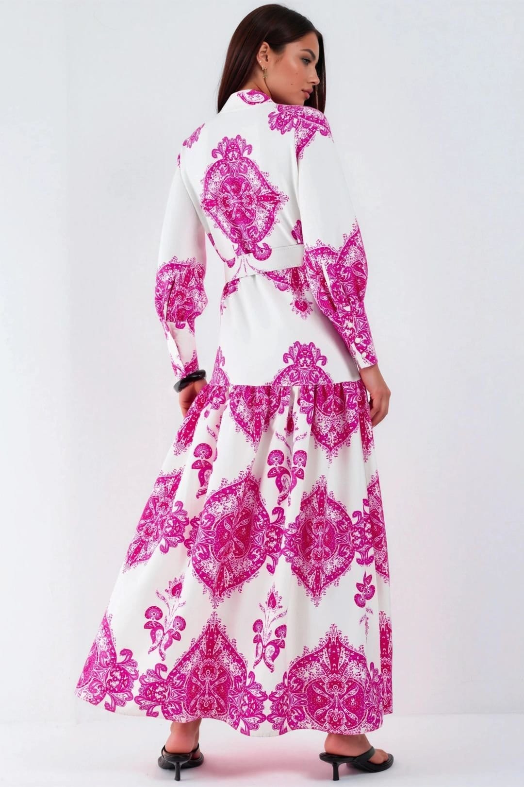 MSN Collection MSN Collection Women's Paisley Print Belted Maxi Dress with Shirt Collar in Fuchsia - 4