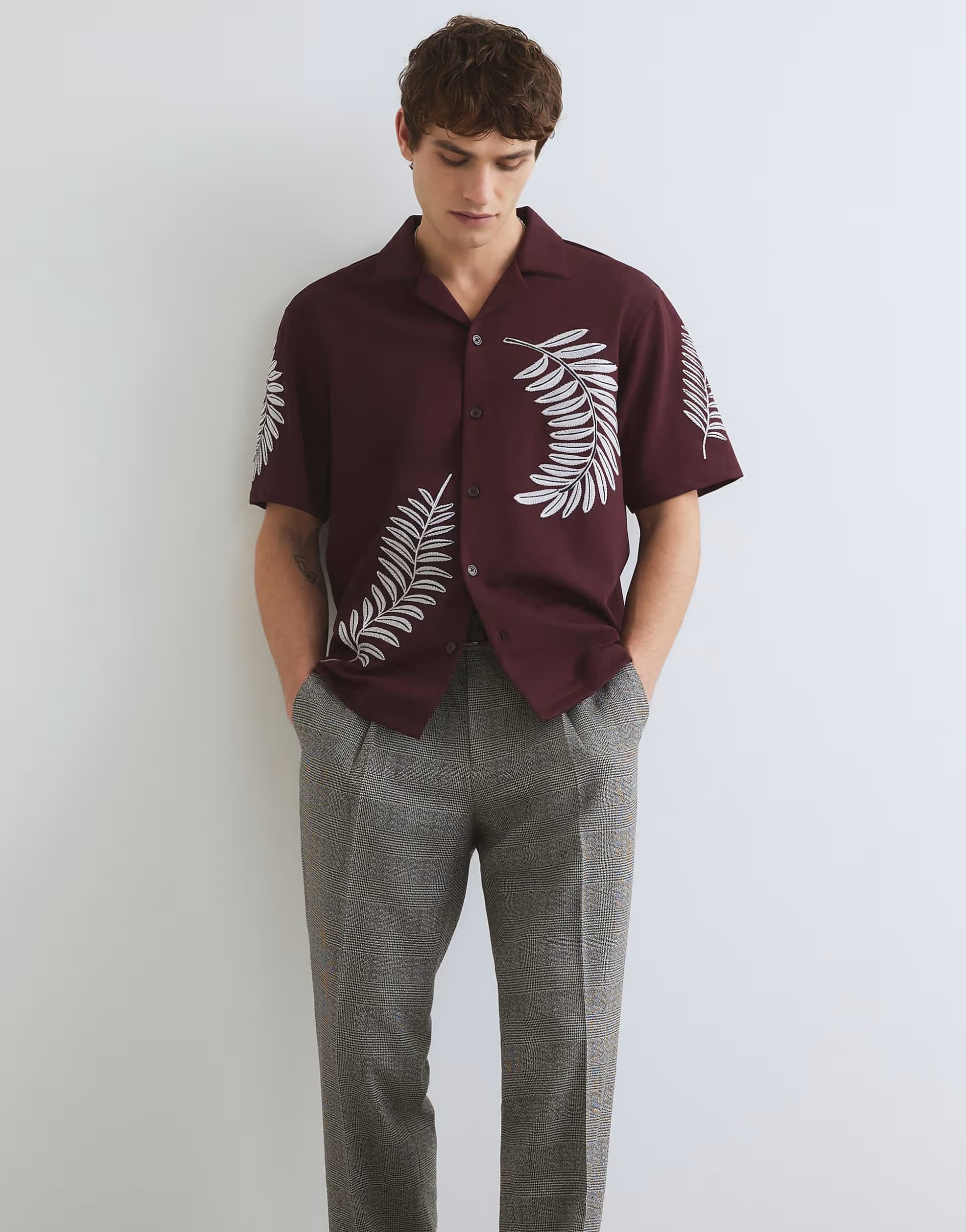 ASOS River Island Regular fit leaf embroidered shirt in burgundy