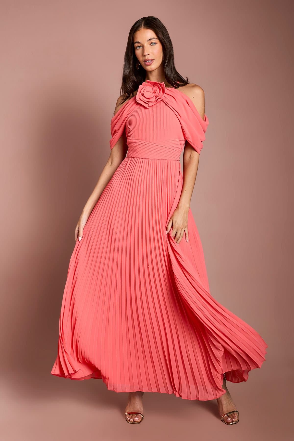 Coast Coast Women's Muse Corsage Halterneck Pleated Maxi Dress in Coral