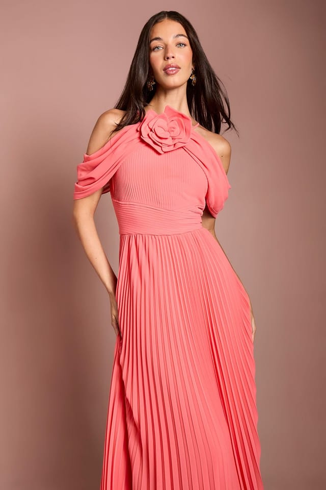 Coast Coast Women's Muse Corsage Halterneck Pleated Maxi Dress in Coral - 2