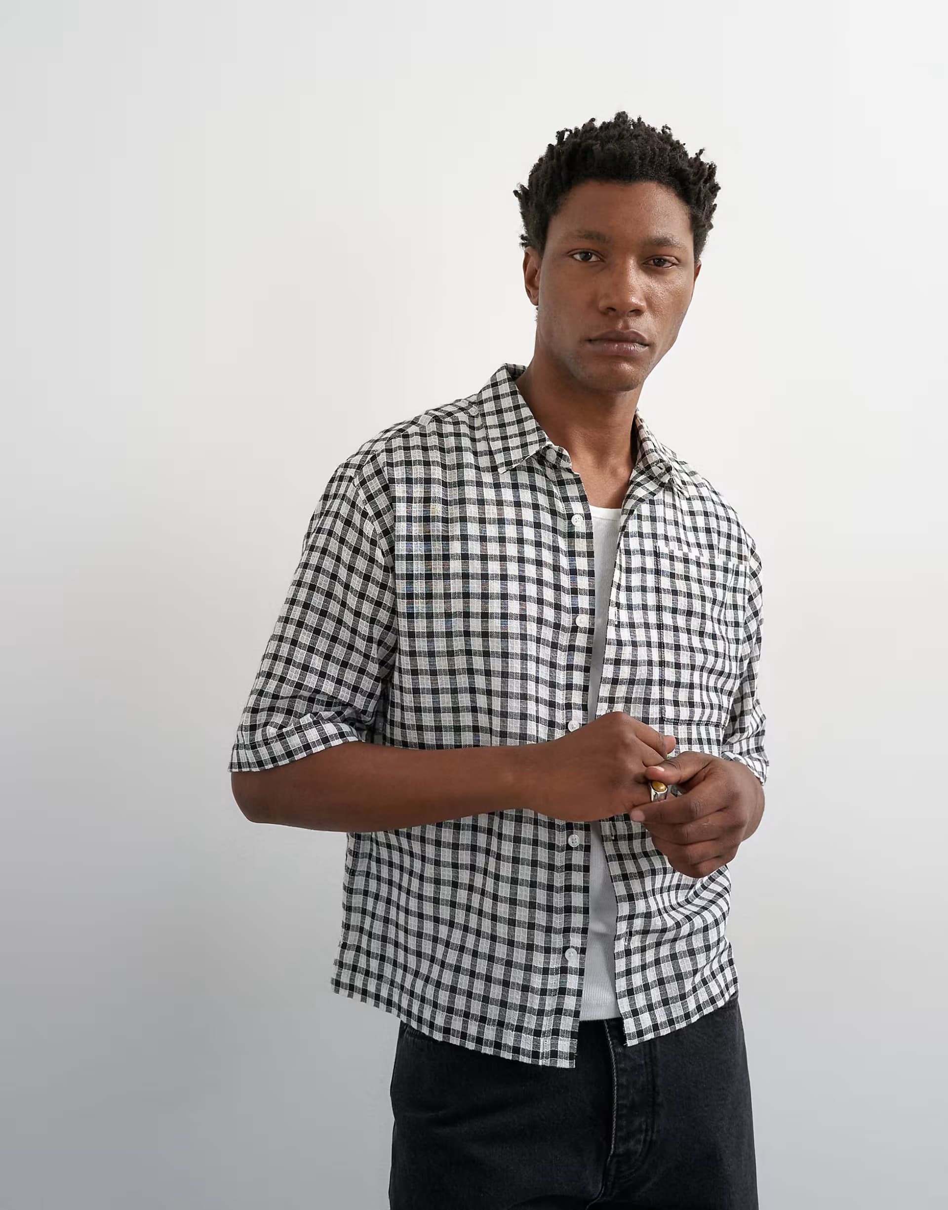 ASOS Topman relaxed fit crop textured check shirt in mono