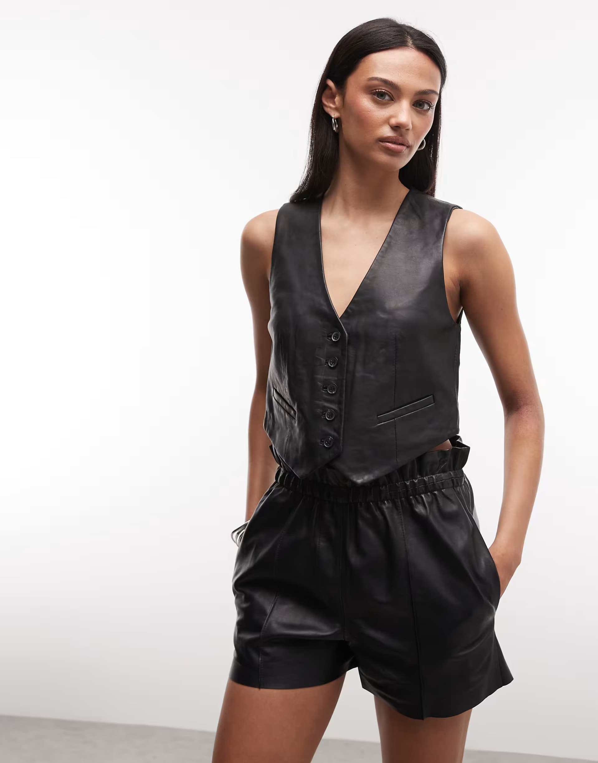 ASOS AllSaints Arla Lea co-ord lambs leather waistcoat in black