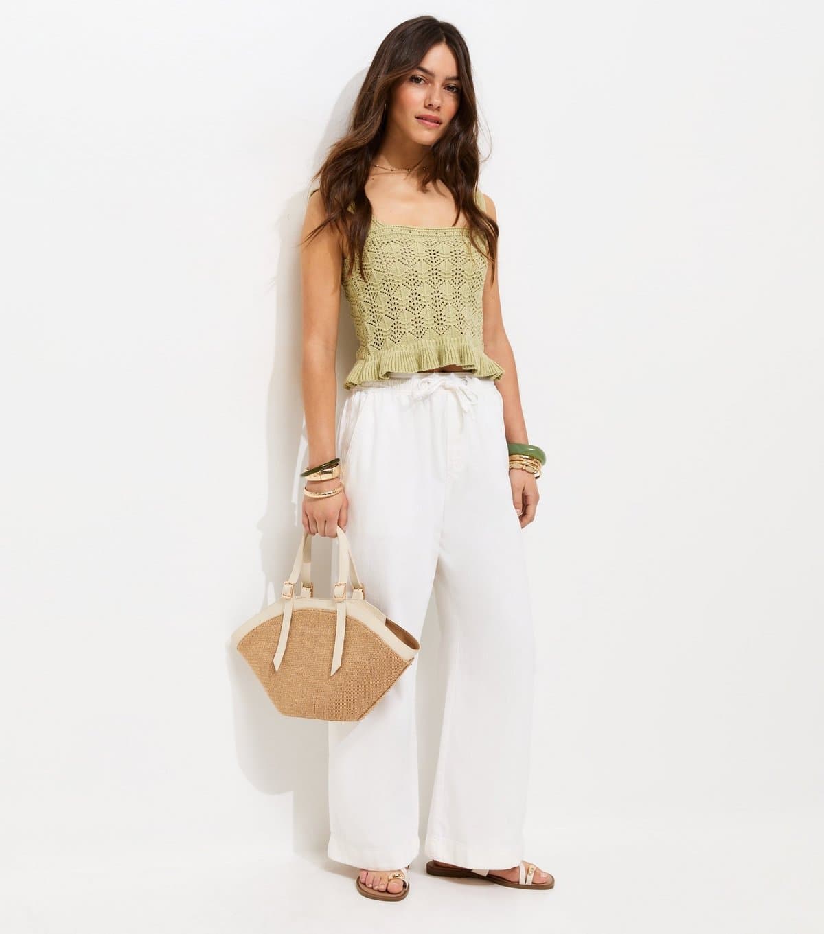 New Look Women's Petite White Twill Cotton Wide Leg Trousers New Look