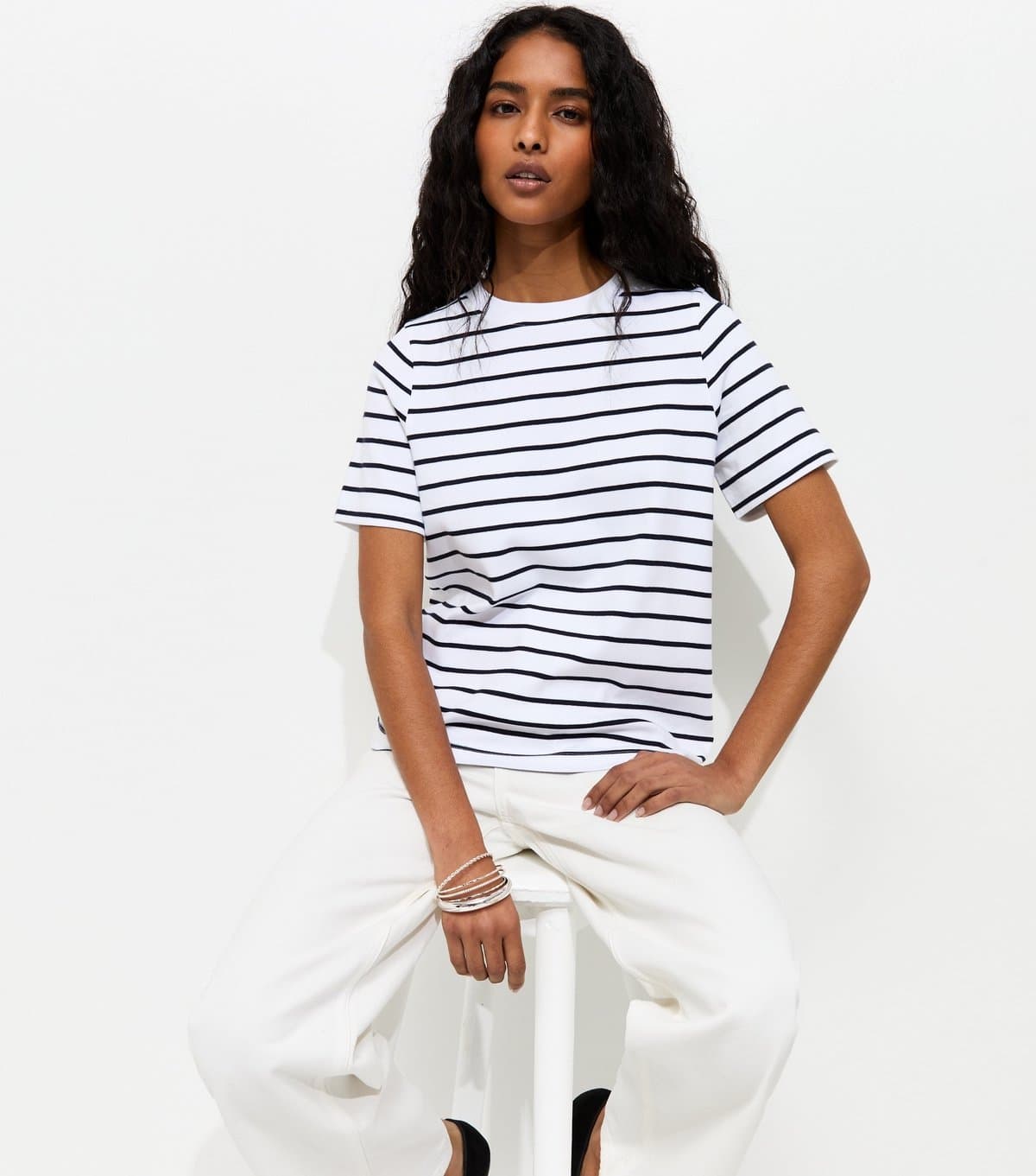 New Look Women's Premium White and Black Heavyweight Cotton Striped T-Shirt New Look