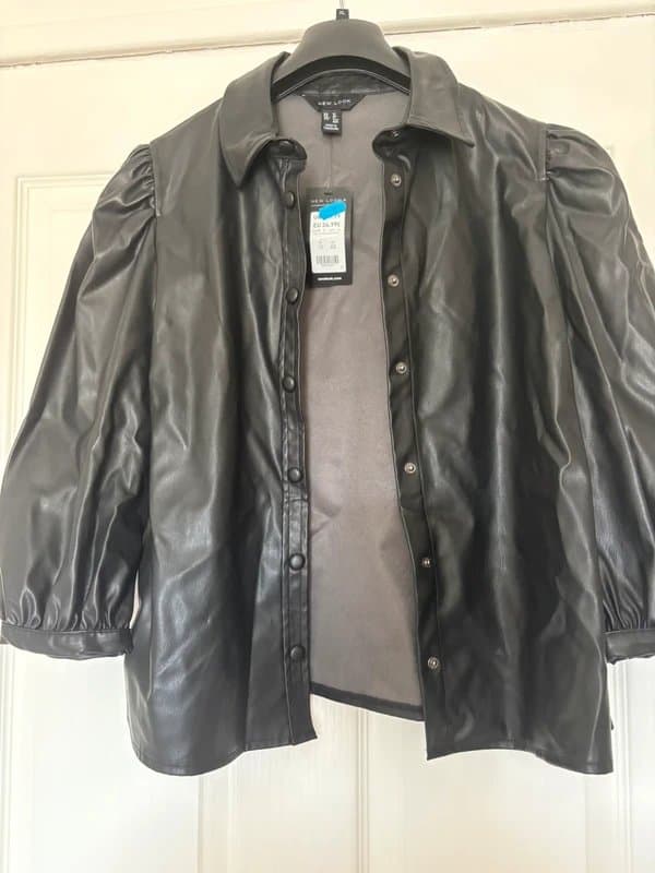 New Look Black leather look shirt with popper buttons