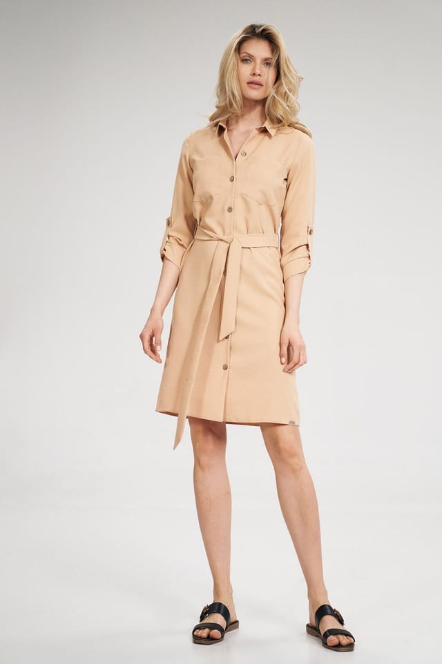 Love Lace Love Lace Women's Long Shirt Dress with Waist Tie & Pockets in Beige - 2