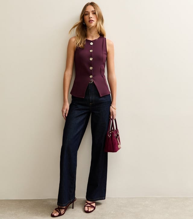 New Look Women's Dark Burgundy Jersey Round Neck Gold Button Waistcoat New Look - 3