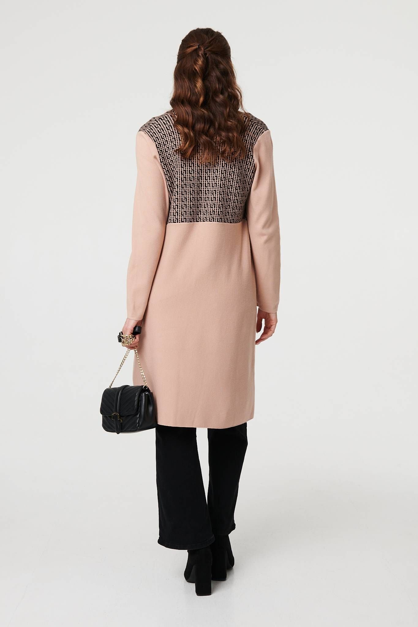 Izabel London Izabel London Women's Printed Fringed Scarf Detail Long Jacket in Beige - 3