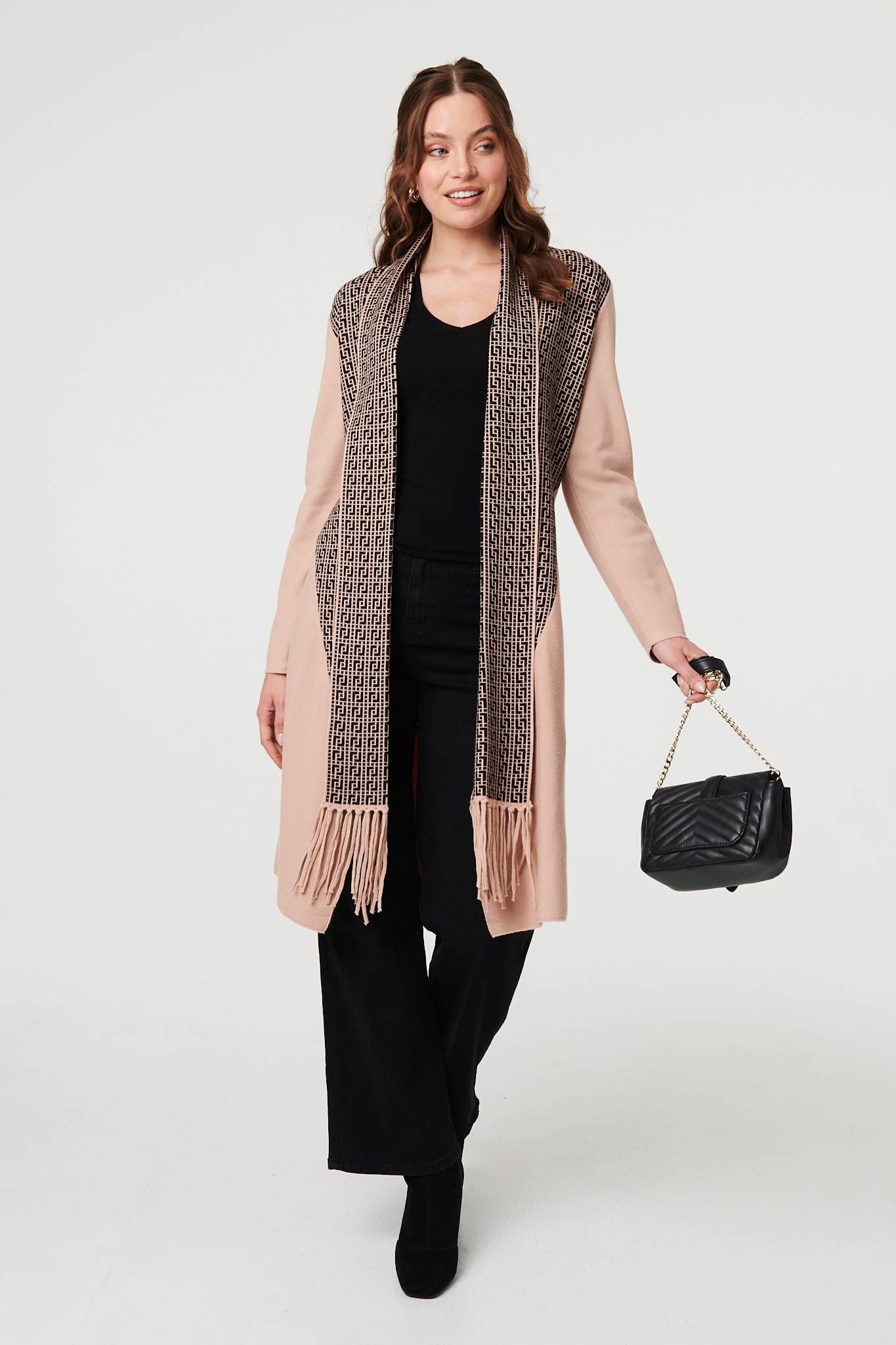 Izabel London Izabel London Women's Printed Fringed Scarf Detail Long Jacket in Beige - 4