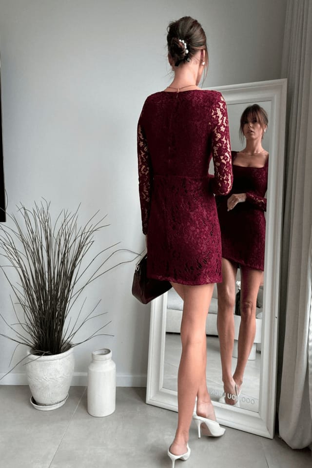 Style Cheat Style Cheat Women's Rita Lace Mini Dress in Burgundy Red - 3