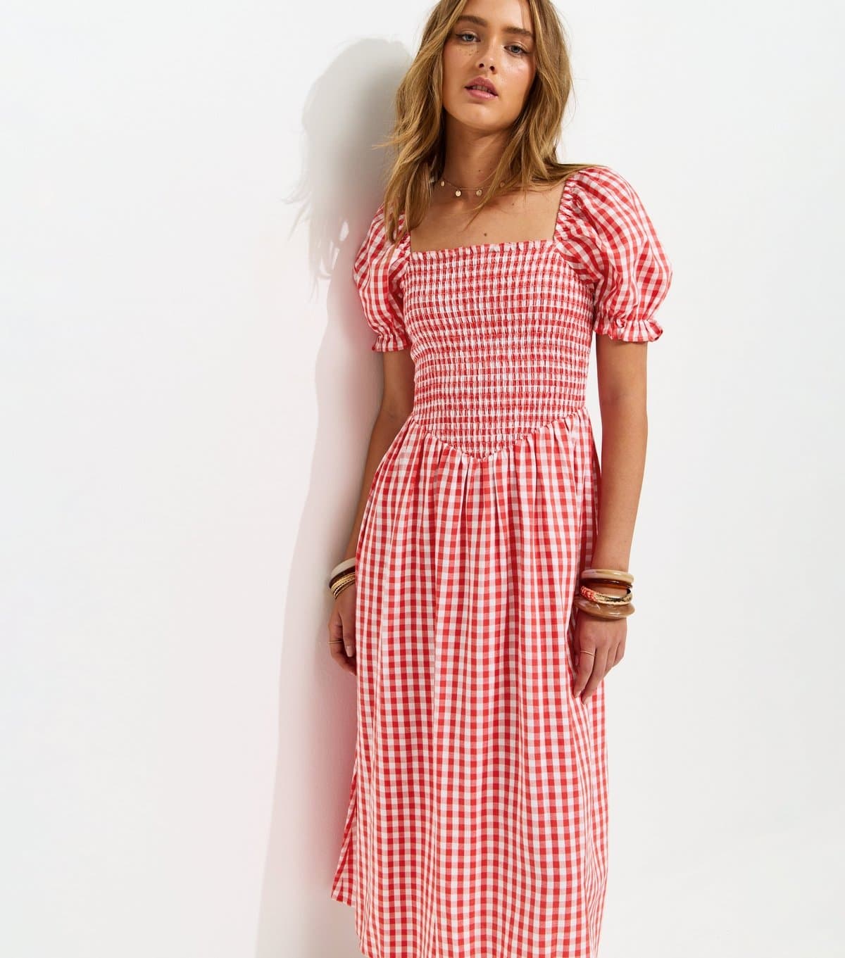 New Look Women's Red Gingham Shirred Puff Sleeve Midi Dress New Look