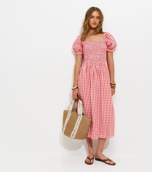 New Look Women's Red Gingham Shirred Puff Sleeve Midi Dress New Look - 3