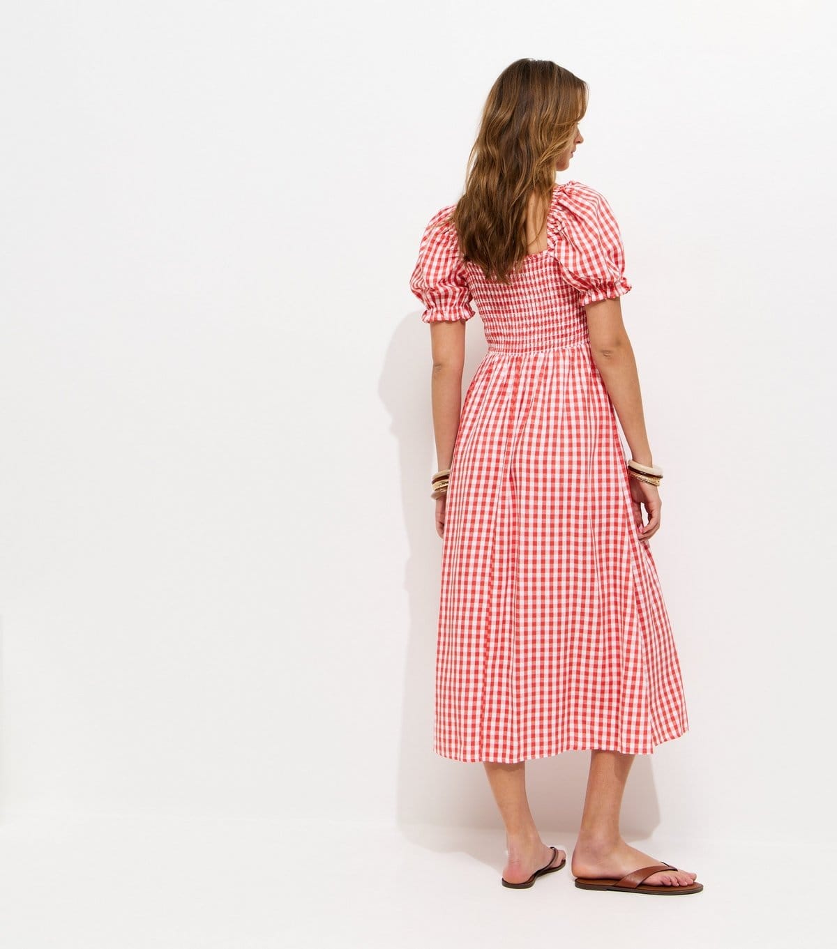 New Look Women's Red Gingham Shirred Puff Sleeve Midi Dress New Look - 4