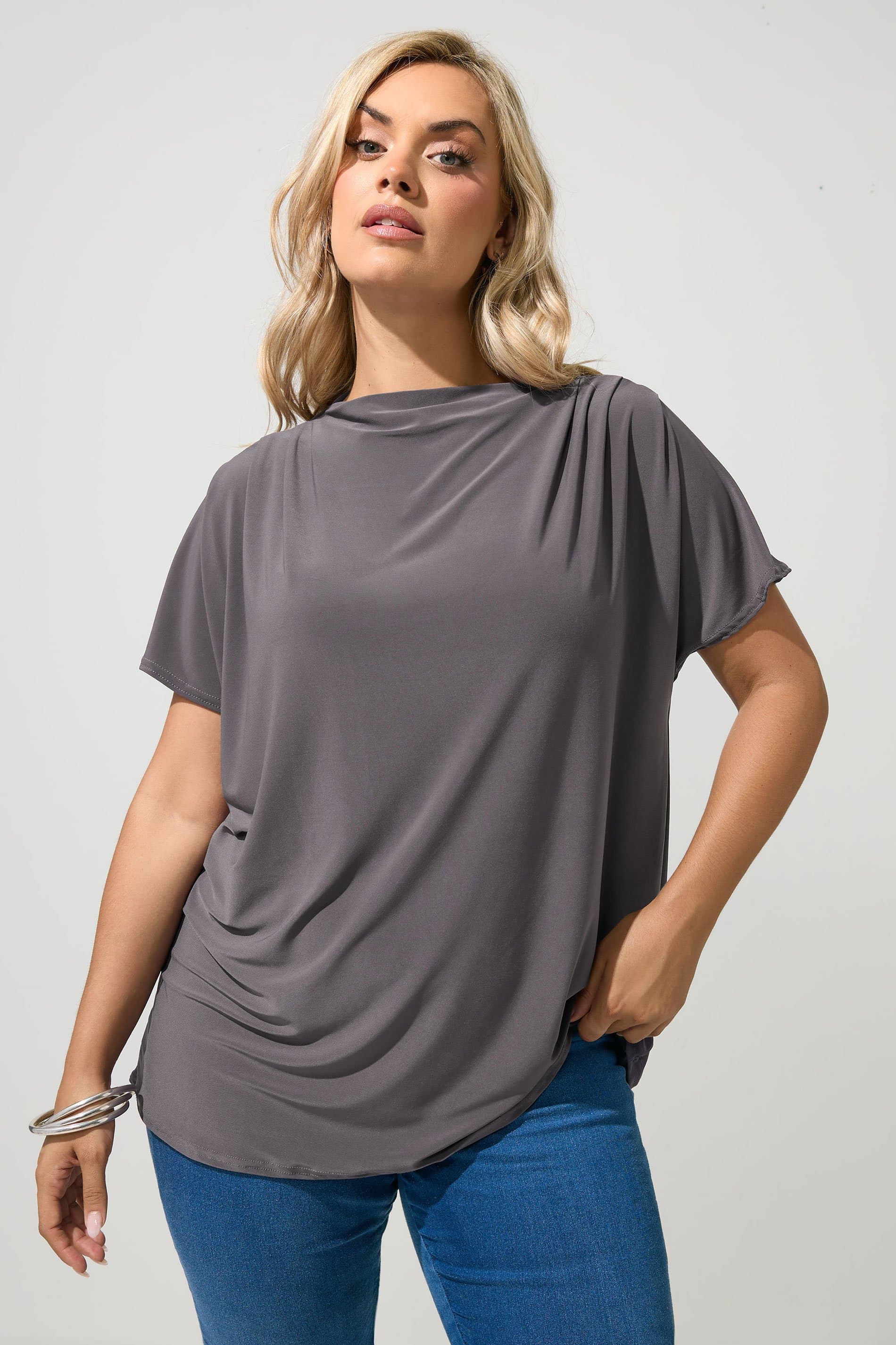 Yours London Plus Size Grey Drape Shoulder Top