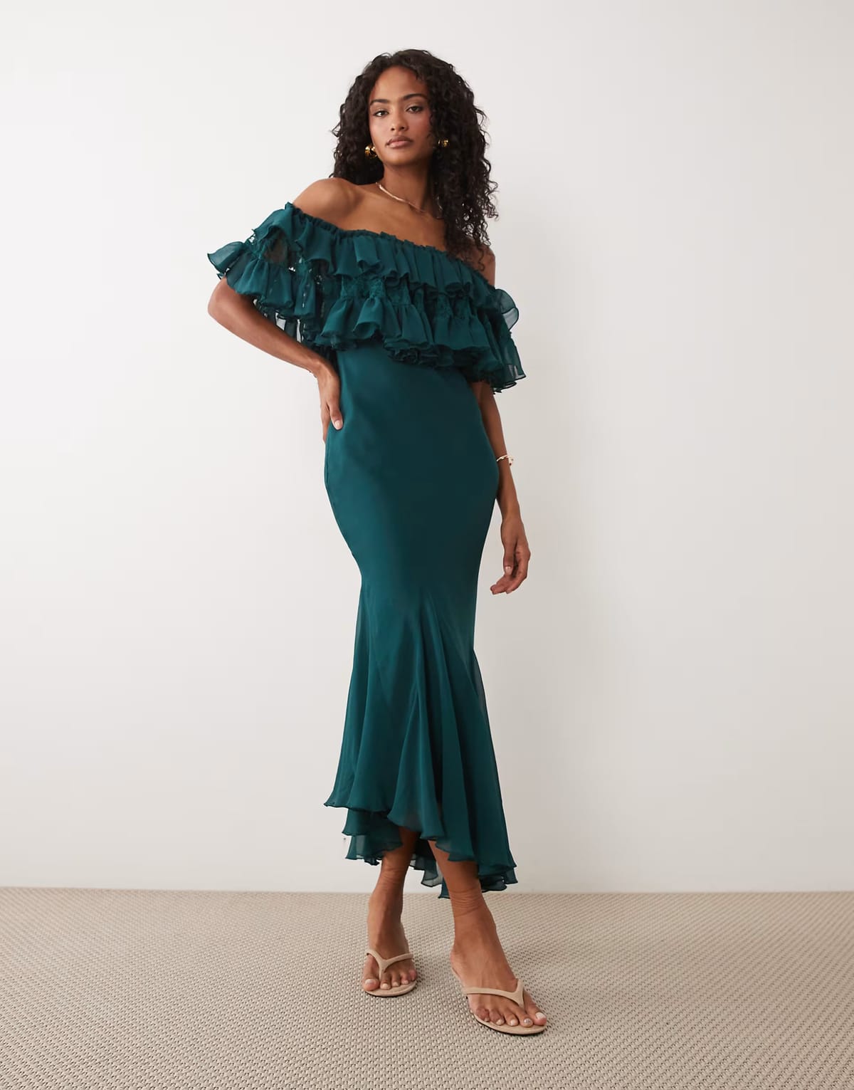 ASOS ASOS DESIGN lace mix bardot off shoulder ruffle midi dress in teal - 1