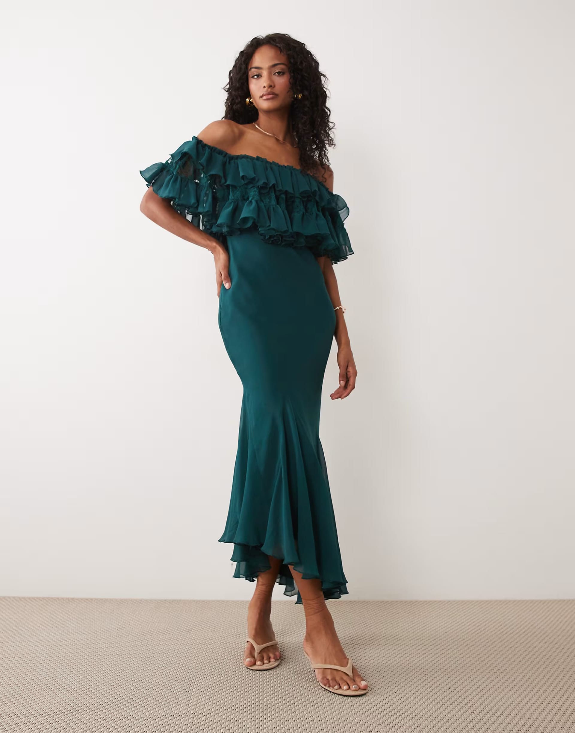 ASOS DESIGN Teal Lace Mix Bardot Off-Shoulder Ruffle Midi Dress